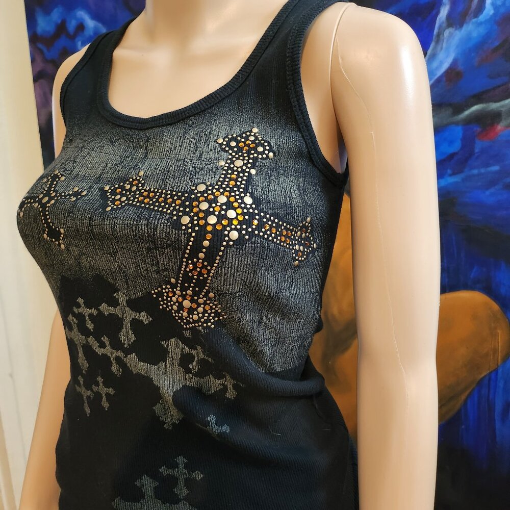 VocalUSA - Black Tank Top with Embellished Cross Pattern Size Small